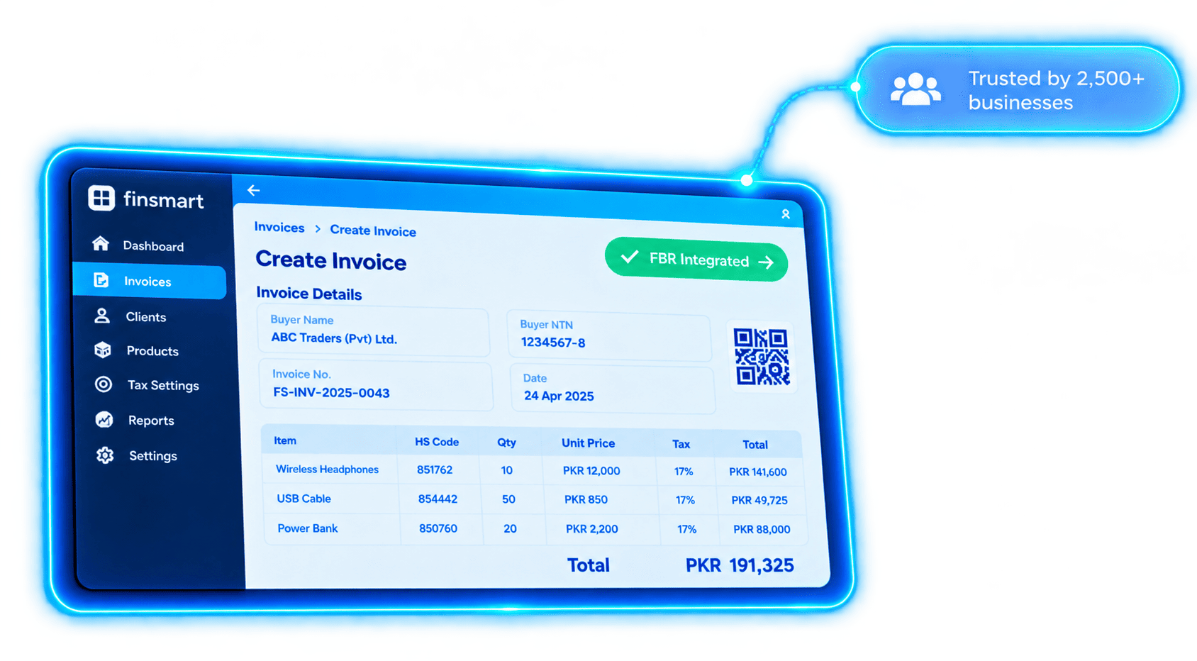 FinSmart ERP invoice dashboard with FBR integration and trusted business badge